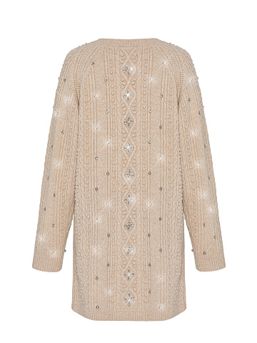 Бежевый удлиненный кардиган из шерсти со стразами, 2