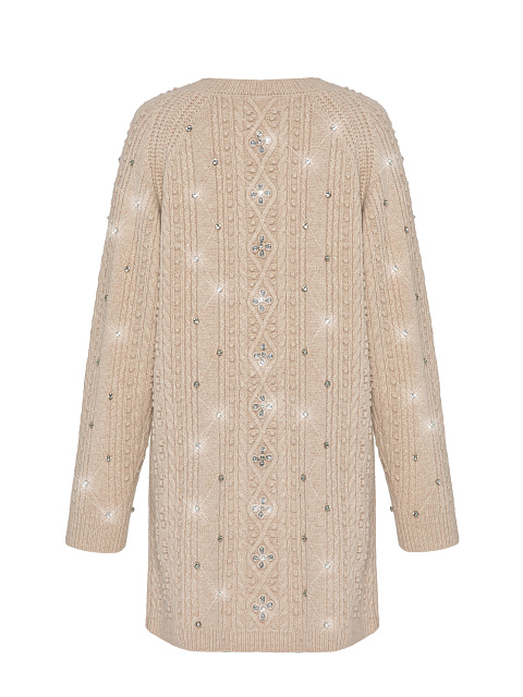 Бежевый удлиненный кардиган из шерсти со стразами, 2