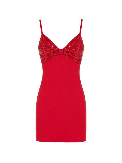 Красное трикотажное платье-мини с пайетками, 1