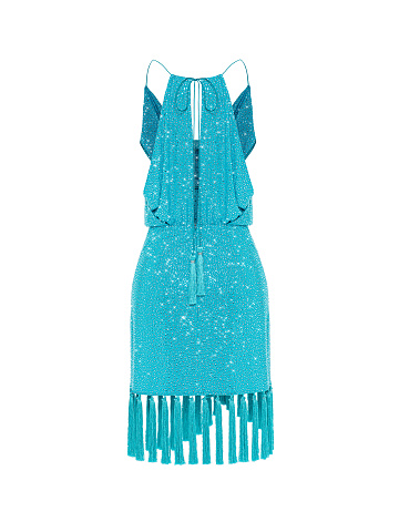 Бирюзовое платье-мини со стразами и бахромой, 2