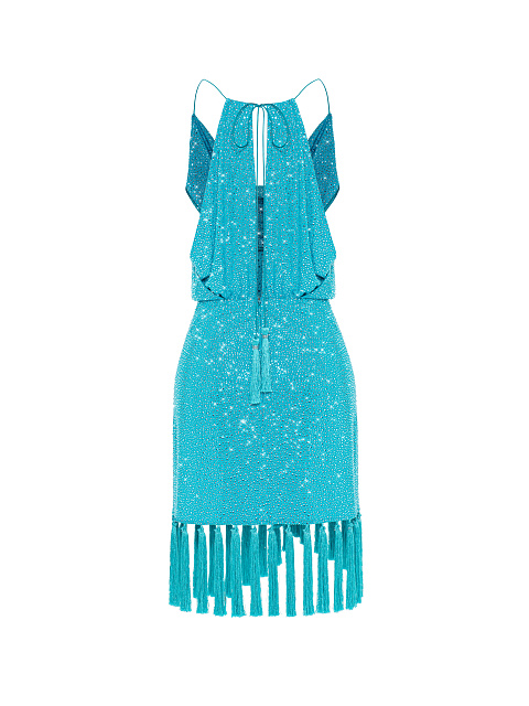 Бирюзовое платье-мини со стразами и бахромой, 2