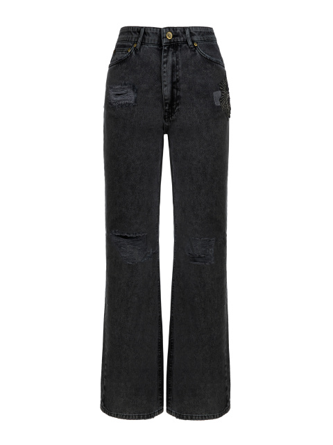 Расклешенные темно-серые джинсы с вышивкой из бисера и пайеток, 1