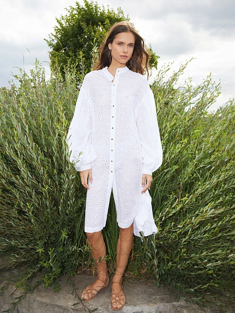 Белое объемное платье-рубашка из хлопка, 7