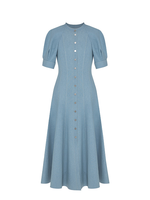 Голубое платье-миди из денима с рукавами-фонариками, 1 Голубое платье-миди из денима с рукавами-фонариками, 1