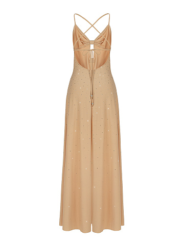Бежевое платье-макси с фигурным вырезом и стразами, 2