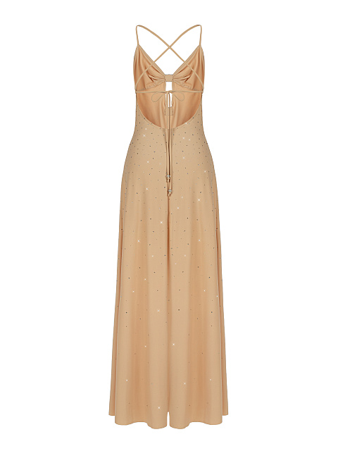 Бежевое платье-макси с фигурным вырезом и стразами, 2