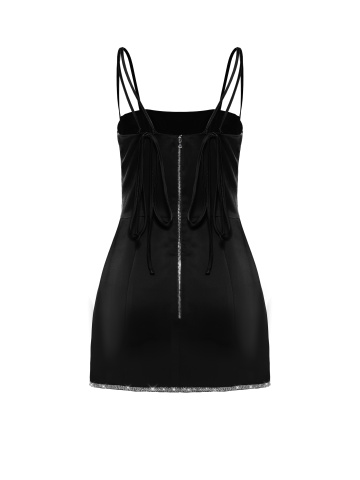 Черное атласное платье-мини со стразами на подоле, 2