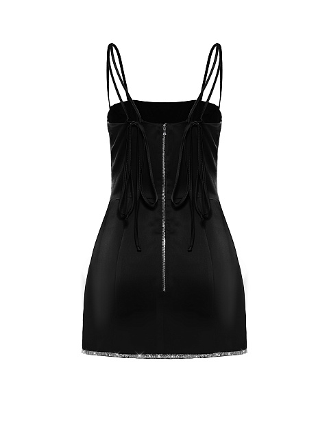 Черное атласное платье-мини со стразами на подоле, 2