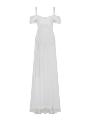 Белое платье-макси из шелка с цветами из бисера, 1