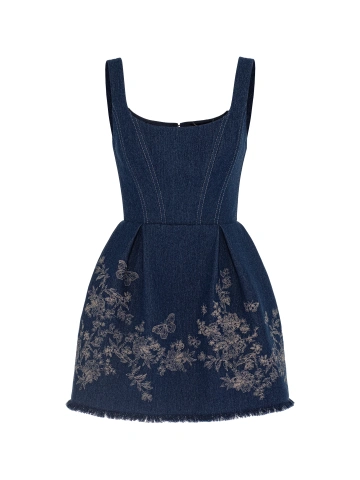 Синее платье-мини из денима с цветочной вышивкой, 1