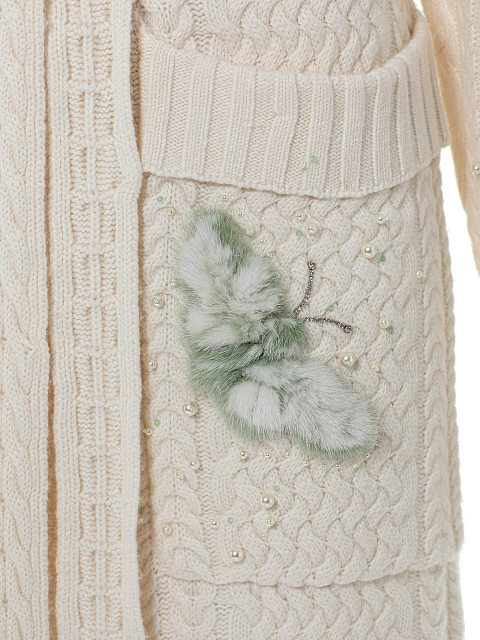 Белое вязаное пальто из кашемира с декором из меха норки, 4