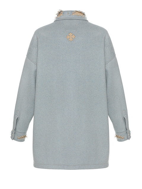 Голубая объемная рубашка из денима с отделкой из кожи, 2