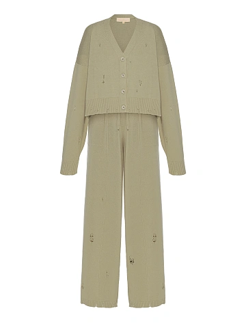 Вязаный комплект цвета хаки из кардигана, топа и брюк, 2