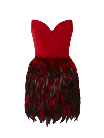 Красное платье-мини из бархата с перьями, 1