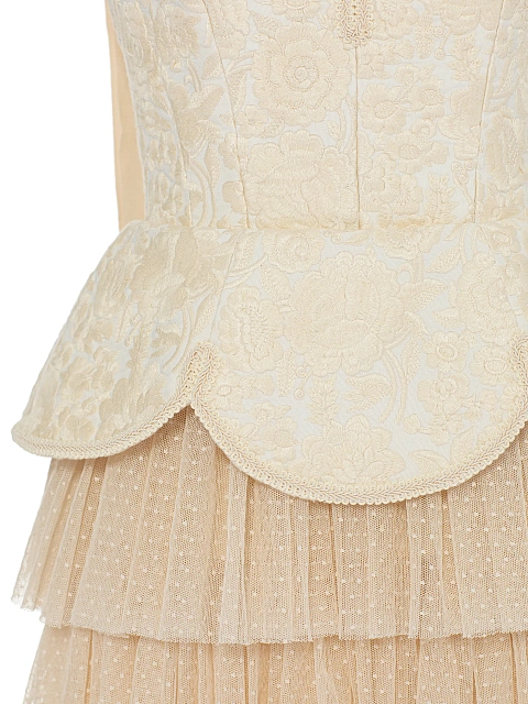 Бежевое платье-мини из льна с цветочной вышивкой и сетки в горошек, 3