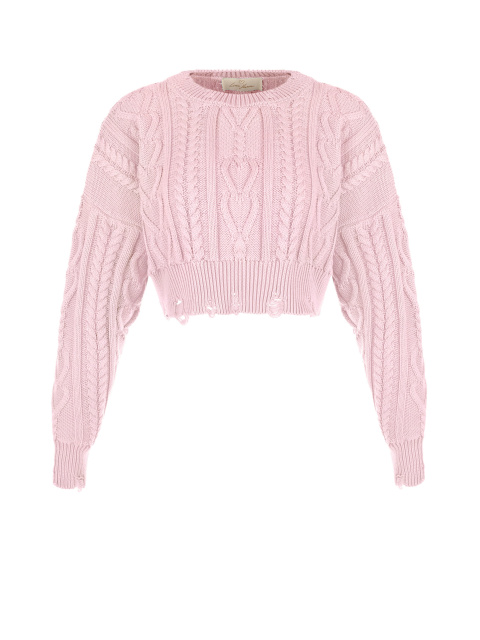 Укороченный розовый свитер с косами, 1