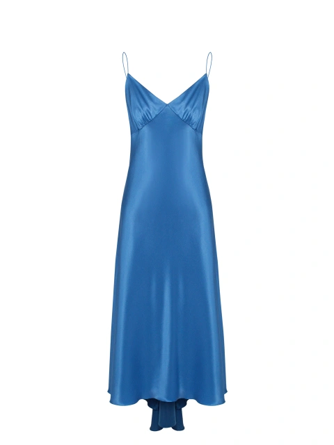 Синее платье-миди из шелка с открытой спиной, 1