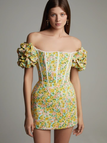 Желтое платье-мини из хлопка с цветочным принтом, 1