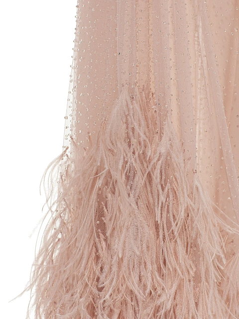Светло-розовое платье-макси из сетки со стразами и перьями, 5