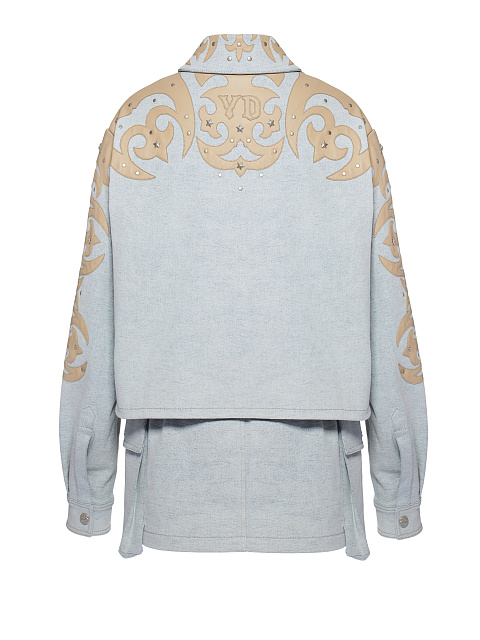 Голубой костюм из денима с отделкой из кожи, 2