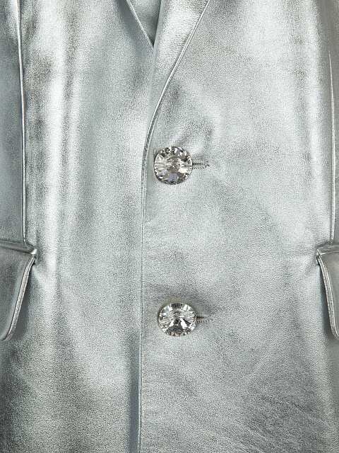 Серебряный однобортный жакет из кожи, 3