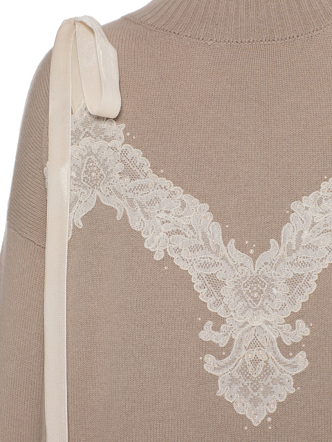 Бежевый свитер из кашемира с кружевом и лентами, 3