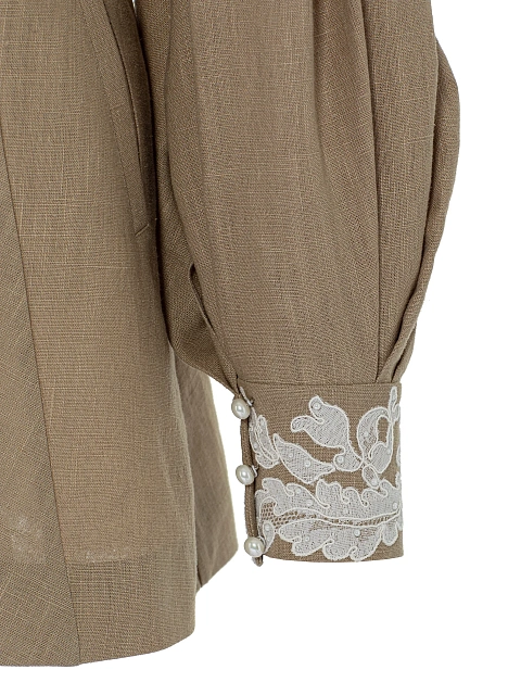 Бежевое платье-мини из льна с белым кружевом, 4