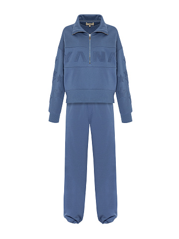 Синий монохромный трикотажный костюм с нашивкой, 2