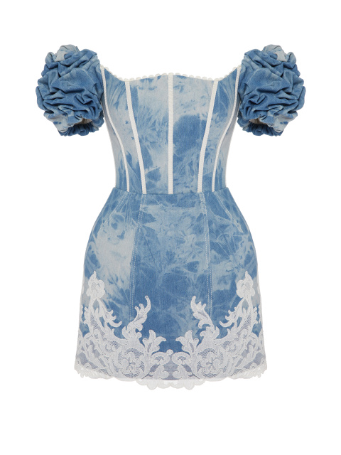 Голубое платье-мини из денима с кружевом и рукавами-буфами, 1