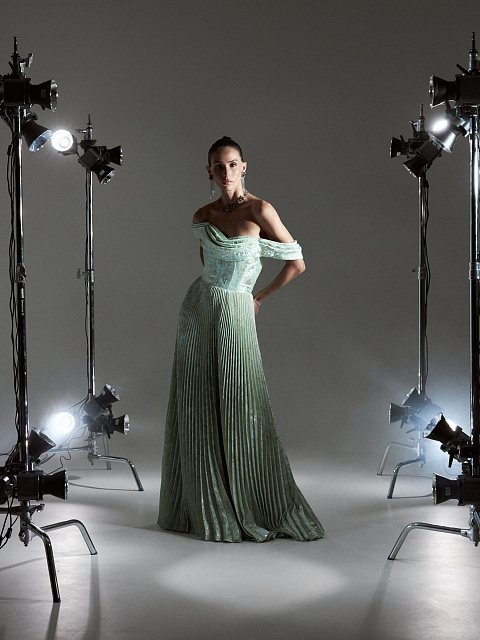 Светло-зеленое платье-макси из жаккарда, 5