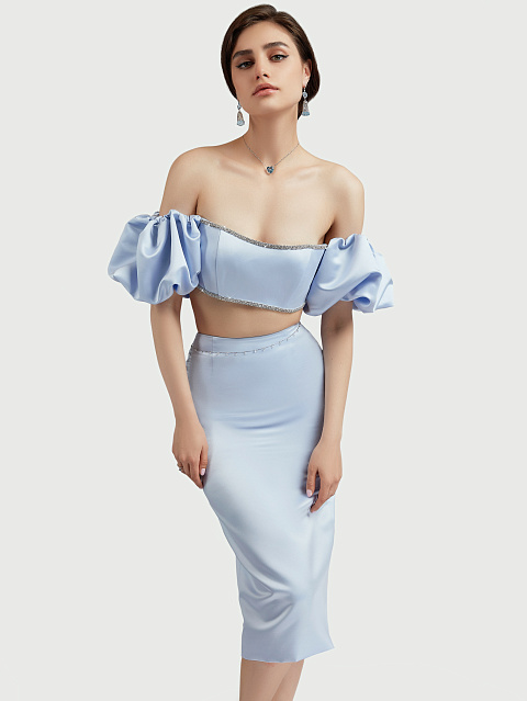 Голубой атласный топ с рукавами-фонариками и стразами, 6