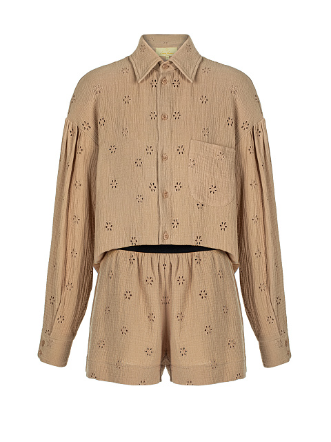 Бежевый костюм из муслина с вышивкой, 3