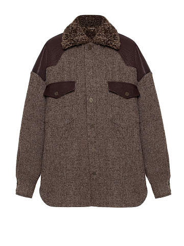 Коричневая куртка из шерсти с подкладом из каракуля и вышивкой, 1