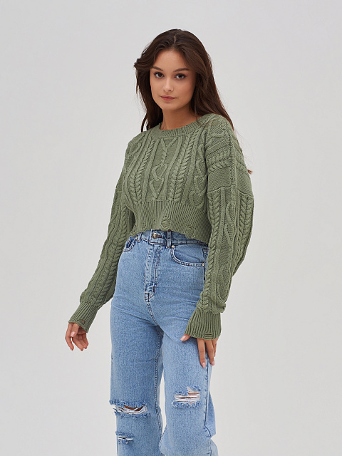 Укороченный темно-зеленый свитер с косами, 4