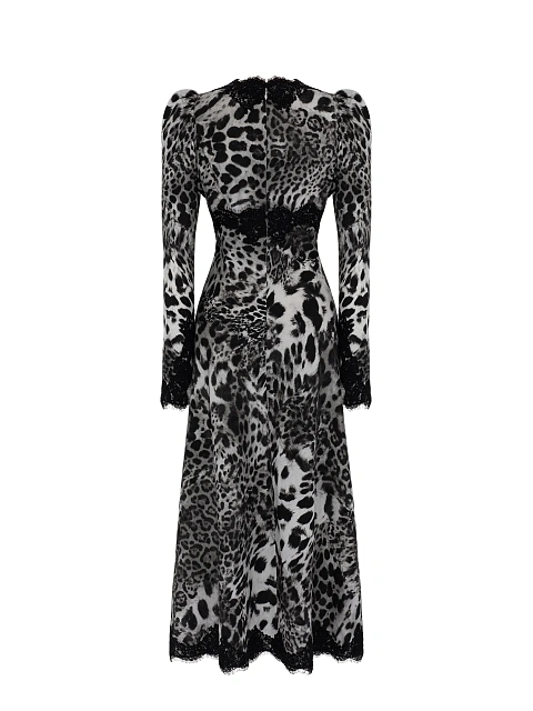 Серое платье-миди из шелка с леопардовым принтом и кружевом, 3