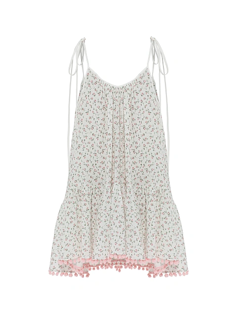 Белое платье-мини из муслина с розовым принтом и открытой спиной, 1