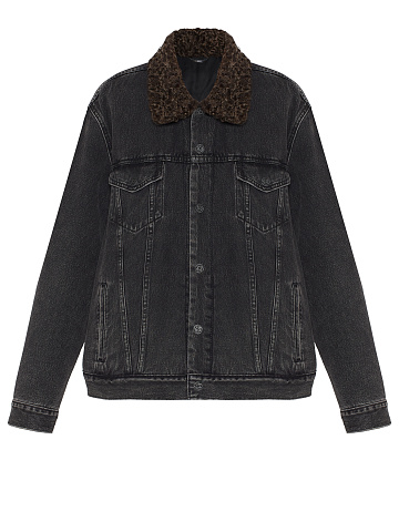 Черная джинсовая куртка с воротником из каракуля, 1