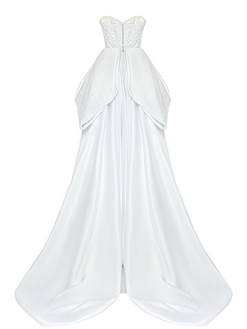 Белое платье-макси из шелка с баской и шлейфом, 2