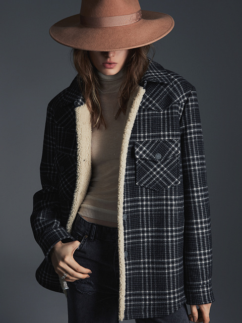 Черная шерстяная куртка в клетку с подкладом из овчины, 4