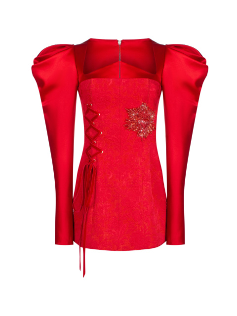 Красное жаккардовое платье-мини с вышивкой, 1