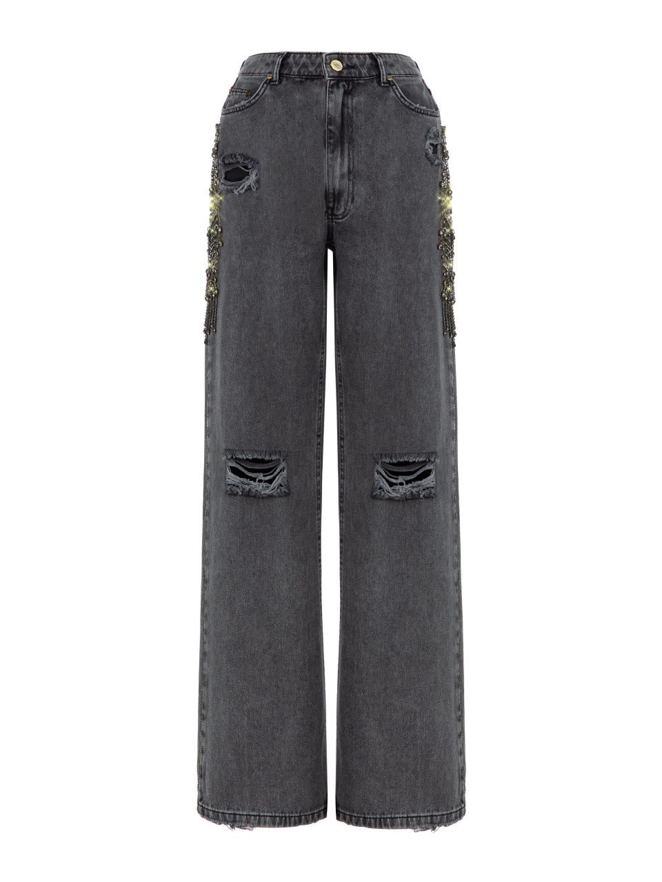 Расклешенные темно-серые джинсы с ручной вышивкой кристаллами, 1
