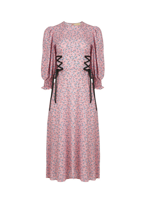 Розовое платье-миди с цветочным принтом и шнуровкой на талии, 1