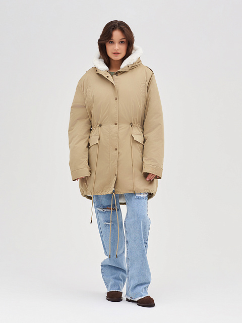 Бежевая парка из плащевки с эко-мехом, 8
