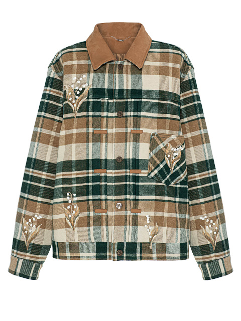 Коричневая куртка-рубашка в клетку с вышивкой в виде ландышей, 1