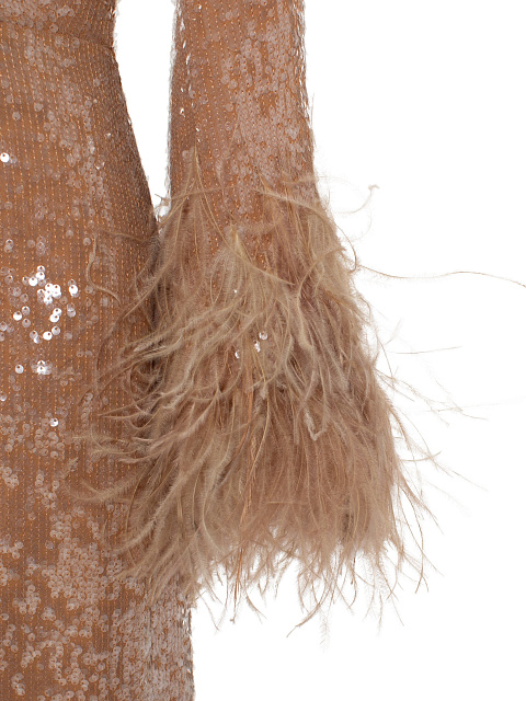 Бежевое платье-макси в пайетку с боа, 4