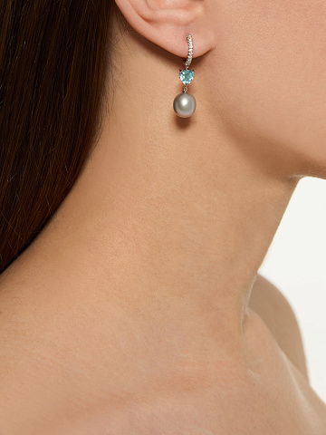 Серьги из белого золота с аквамарином и серым жемчугом, 2