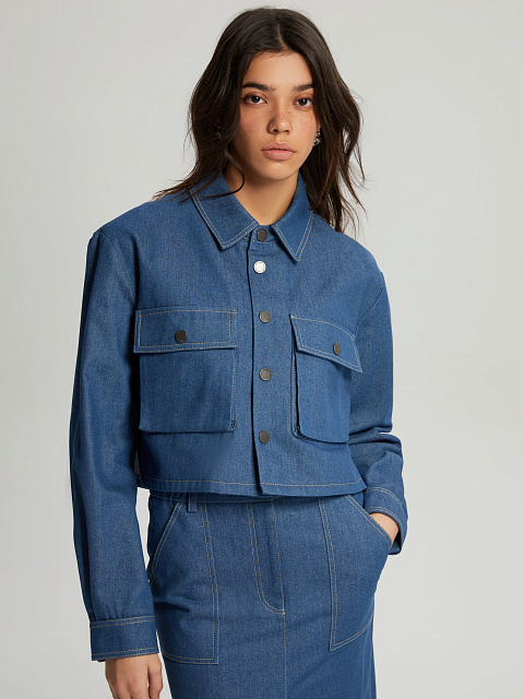 Темно-синий костюм с юбкой-миди из денима, 6