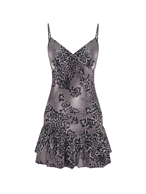 Серое платье-комбинация с леопардовым принтом и воланом, 1