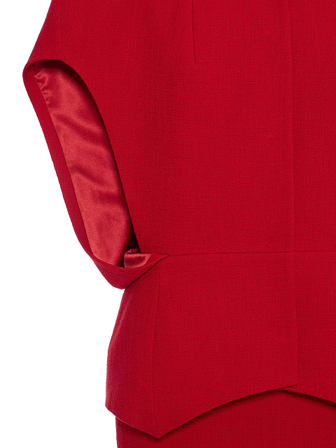 Красный костюм-двойка из жакета с баской и юбки-миди, 10