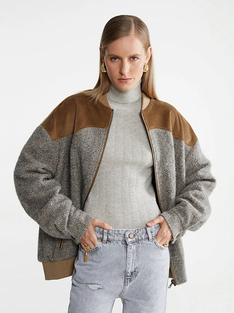 Серый бомбер из шерсти букле с люрексом, 10 Серый бомбер из шерсти букле с люрексом, 10